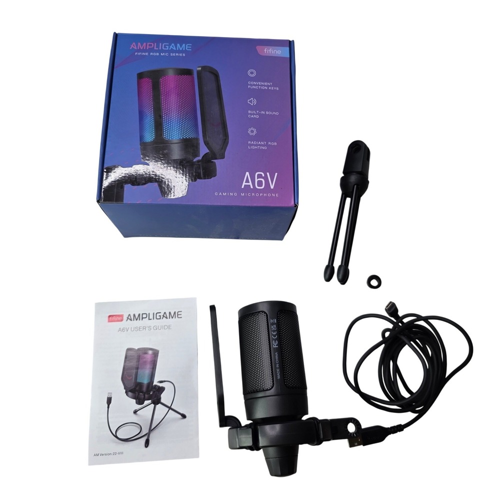Fifine AmpliGame A6V USB Gaming‎ Microphone RGB Condenser Mic Tripod Stand S2